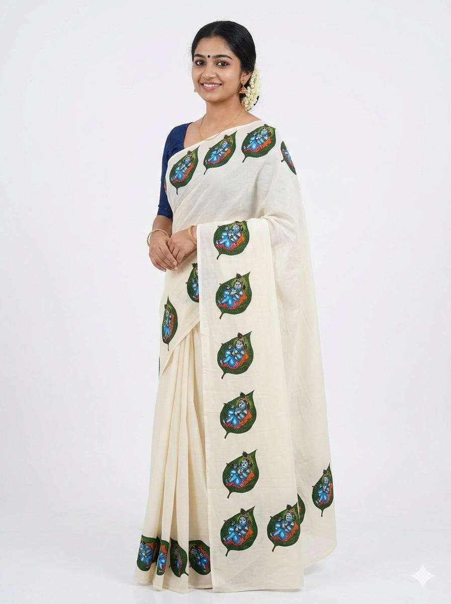 Cotton setmundu white with AALILAKRISHNAR DESIGN