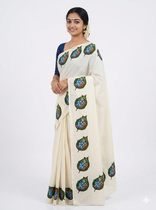 Cotton setmundu white with AALILAKRISHNAR DESIGN