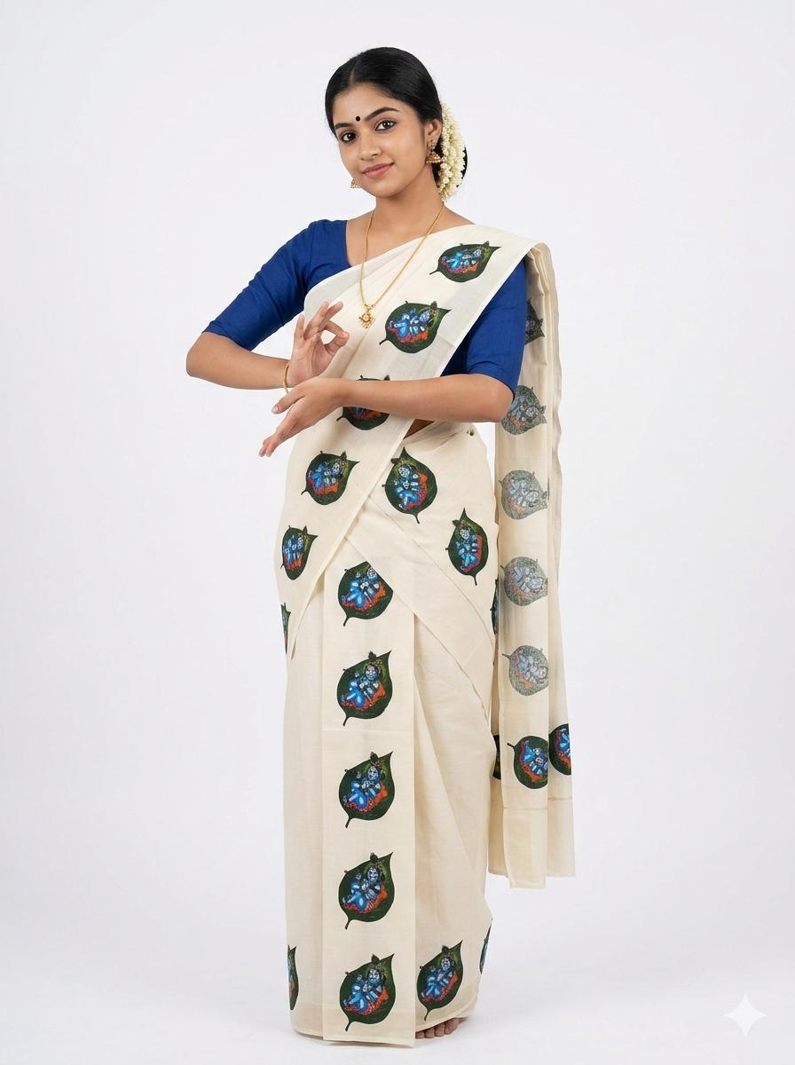 Cotton setmundu white with AALILAKRISHNAR DESIGN