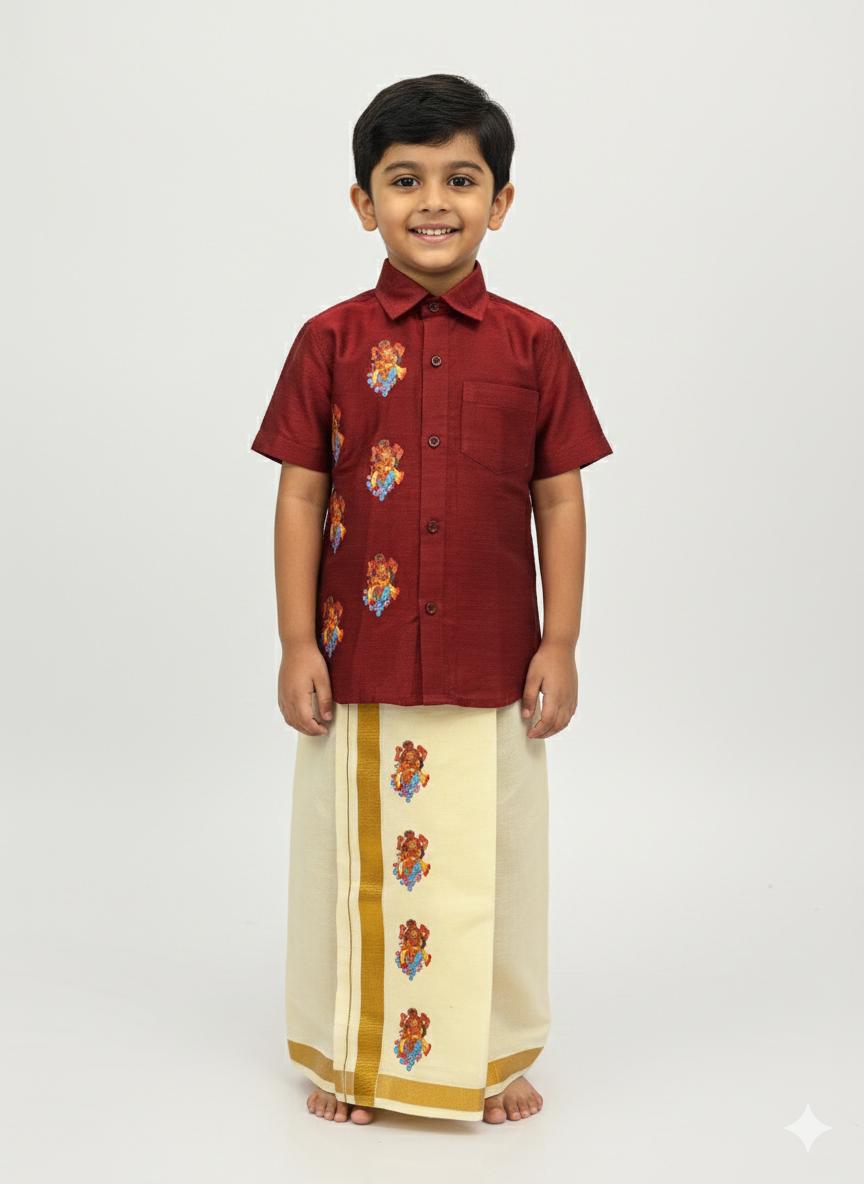 Meron colour shirt with krishna print SHIRT & MUNDU COMBO SET