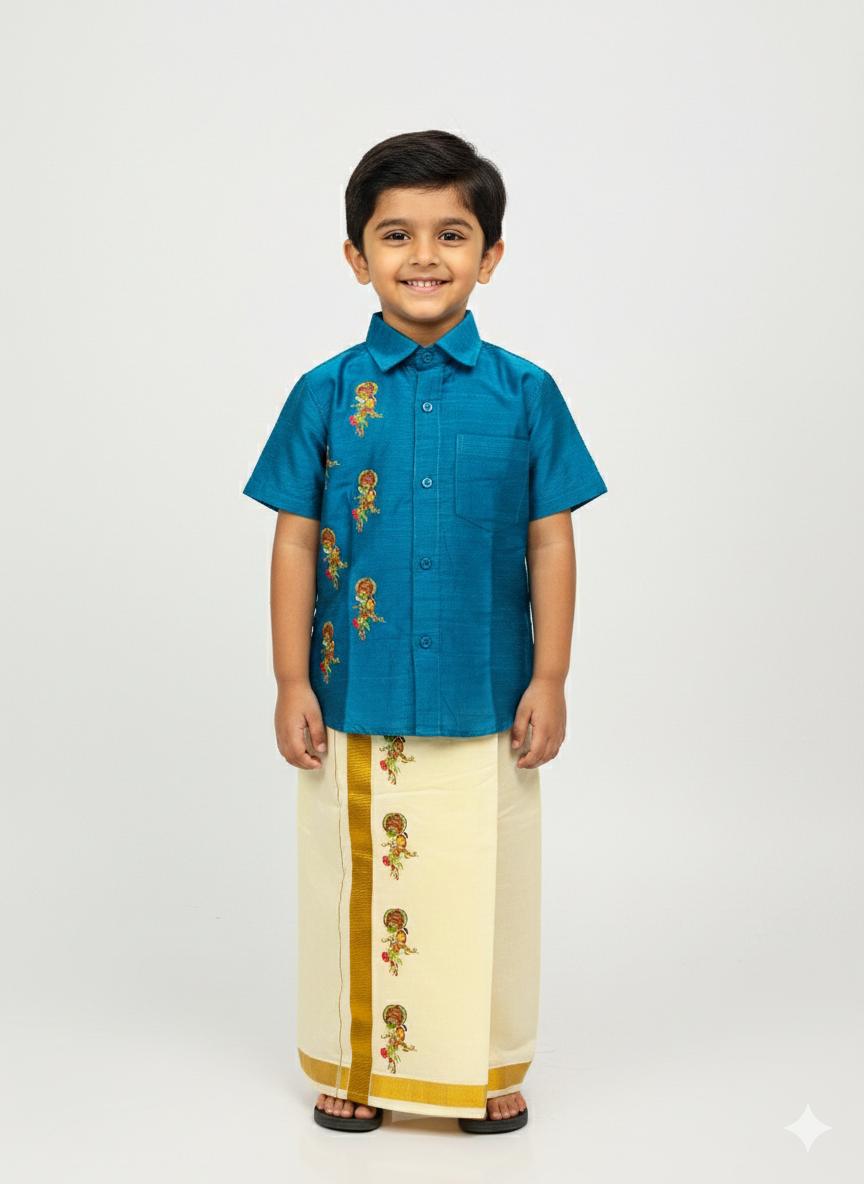 Blue colour shirt with kathakali couple half and half  SHIRT AND MUNDU COMBO