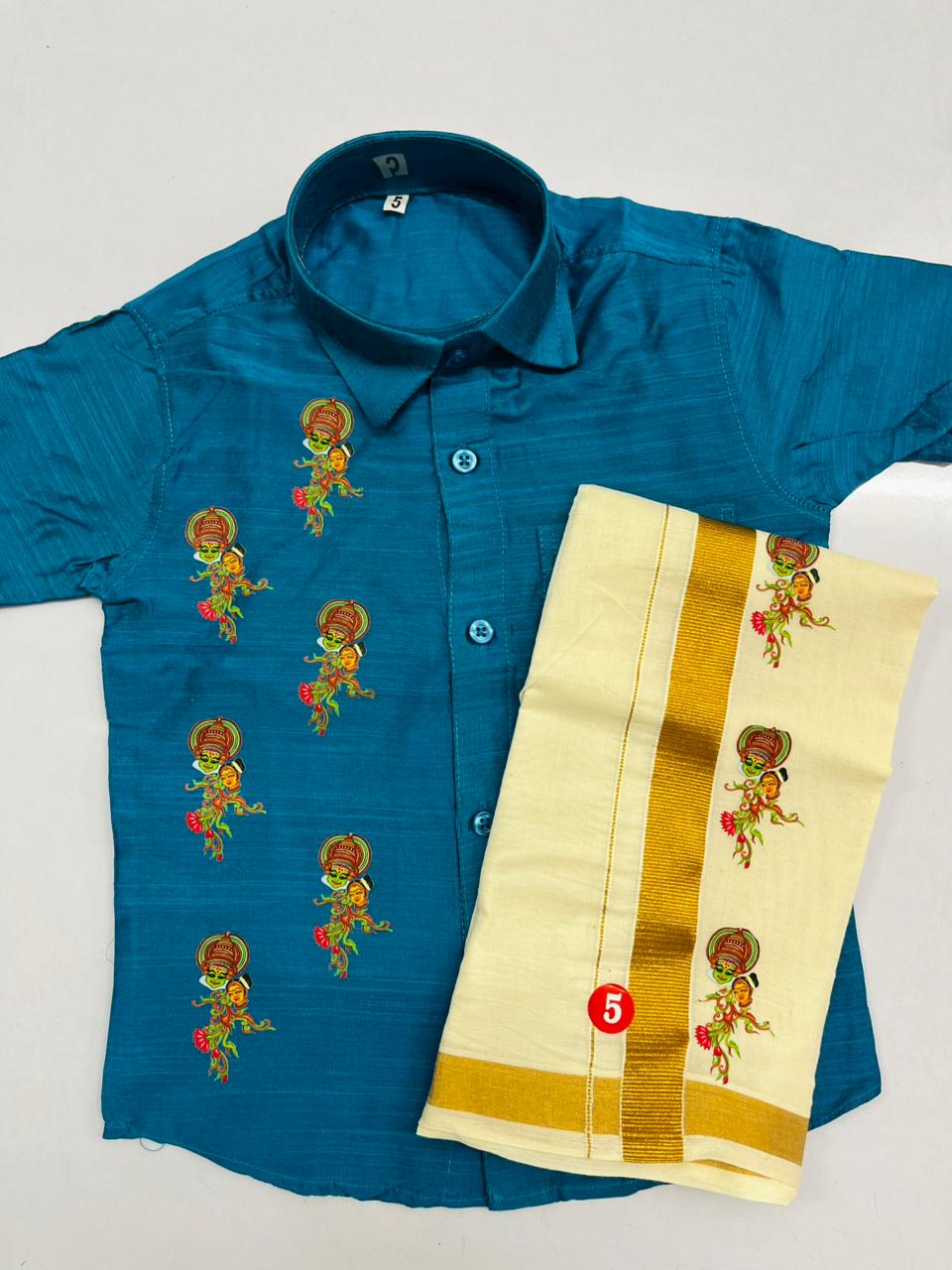 Blue colour shirt with kathakali couple half and half  SHIRT AND MUNDU COMBO