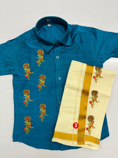 Blue colour shirt with kathakali couple half and half  SHIRT AND MUNDU COMBO