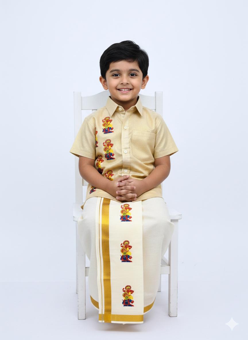 Golden tissue with half and half kathakali SHIRT AND MUNDU COMBO