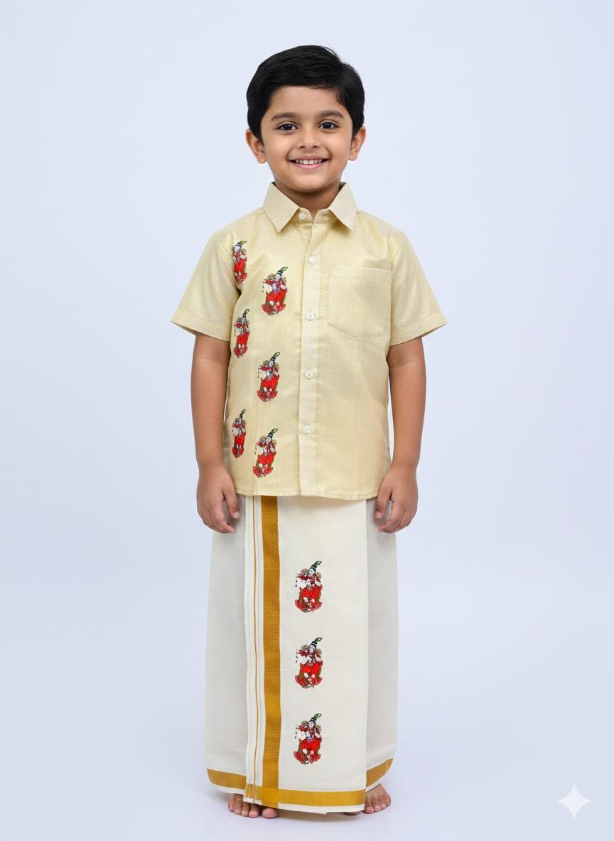 Golden tissue shirt with krishnar print SHIRT AND MUNDU COMBO