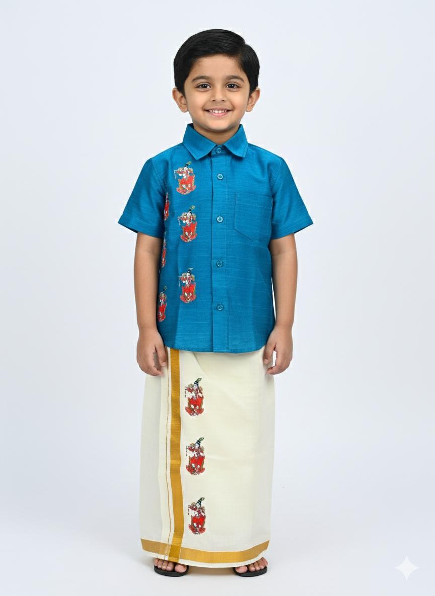 Blue colour shirt with krishnar print shirt SHIRT AND MUNDU COMBO