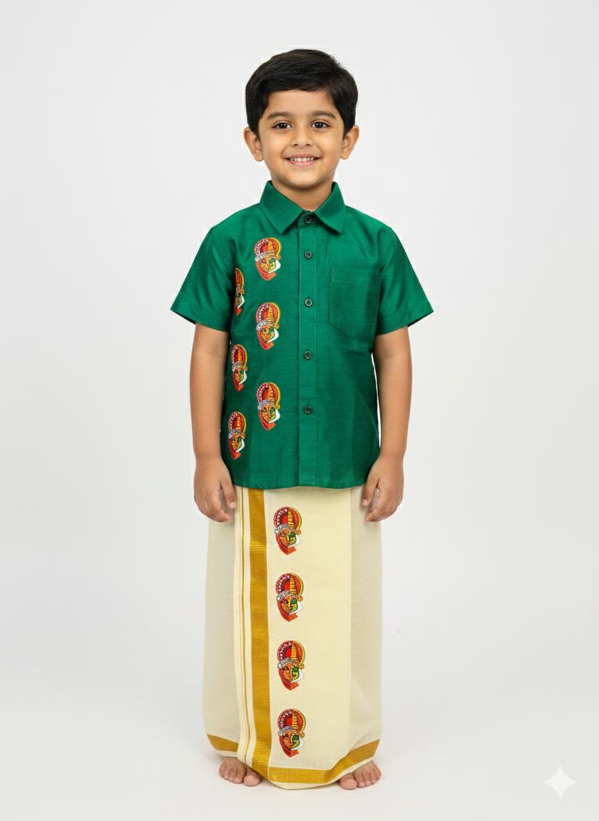 Green colour shirt with half face theyyam and kathakali SHIRT AND MUNDU COMBO