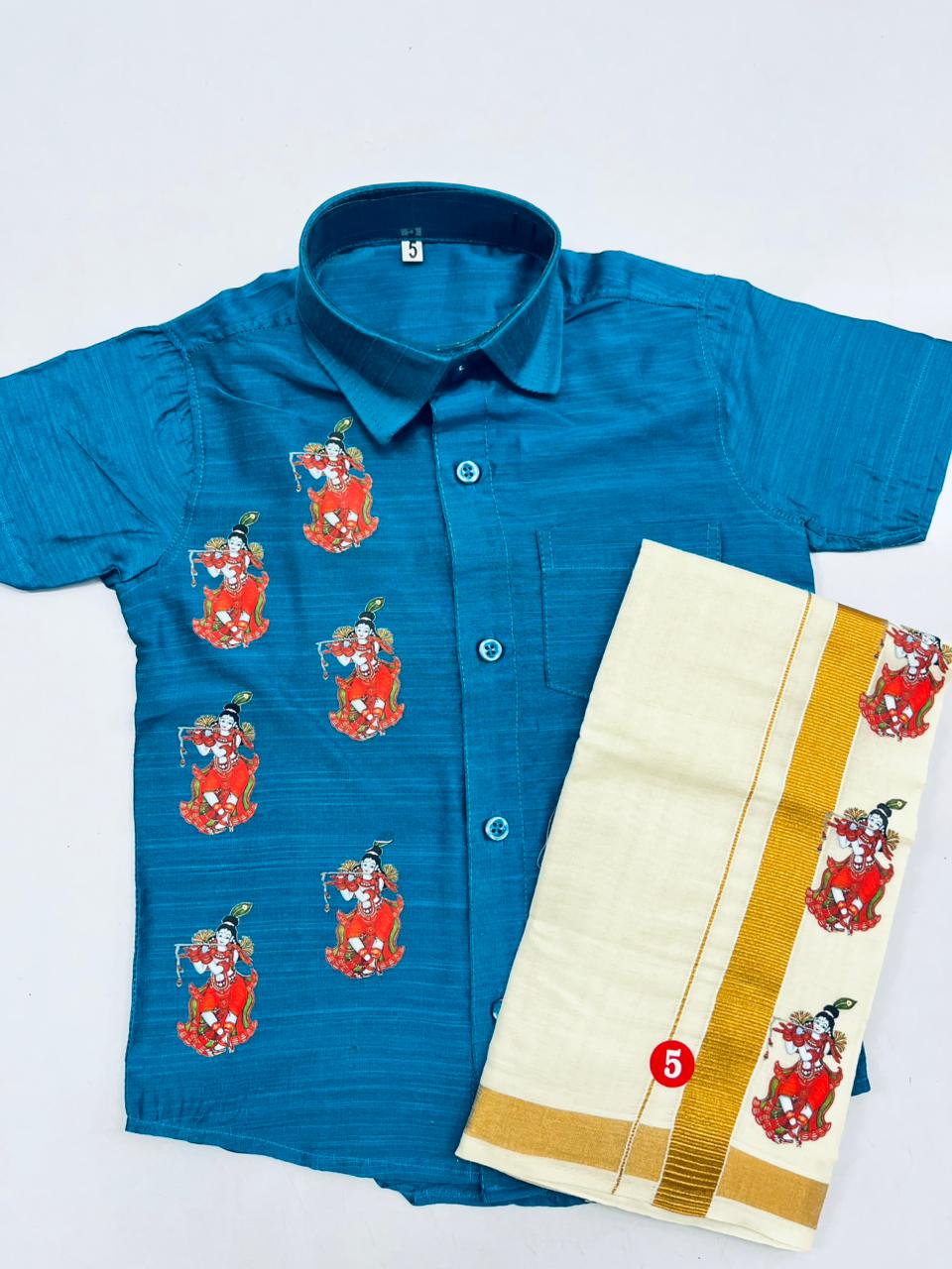 Blue colour shirt with krishnar print shirt SHIRT AND MUNDU COMBO