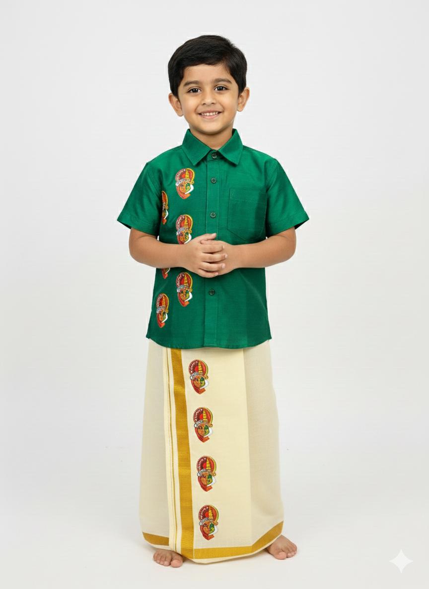 Green colour shirt with half face theyyam and kathakali SHIRT AND MUNDU COMBO