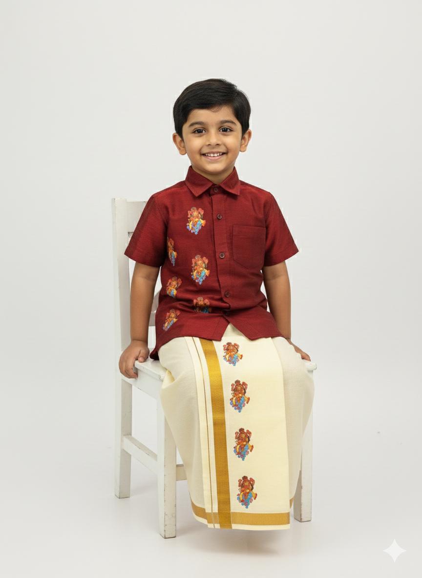 Meron colour shirt with krishna print SHIRT & MUNDU COMBO SET