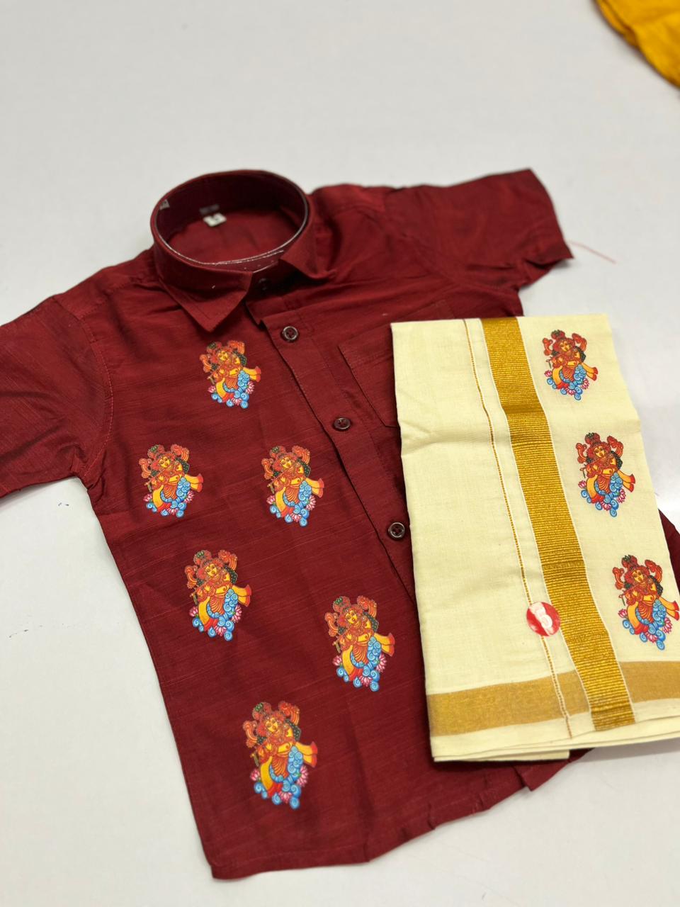 Meron colour shirt with krishna print SHIRT & MUNDU COMBO SET