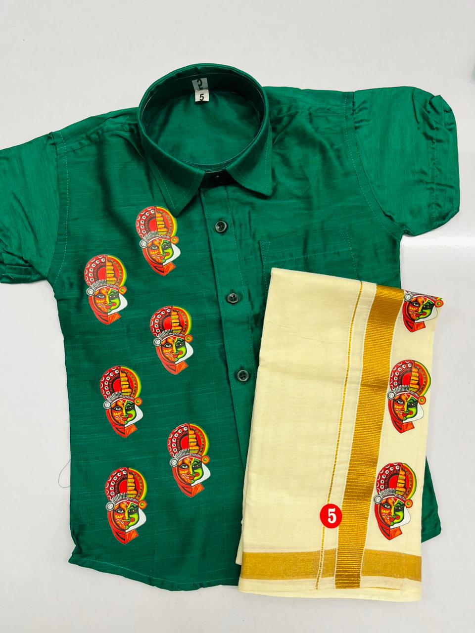 Green colour shirt with half face theyyam and kathakali SHIRT AND MUNDU COMBO