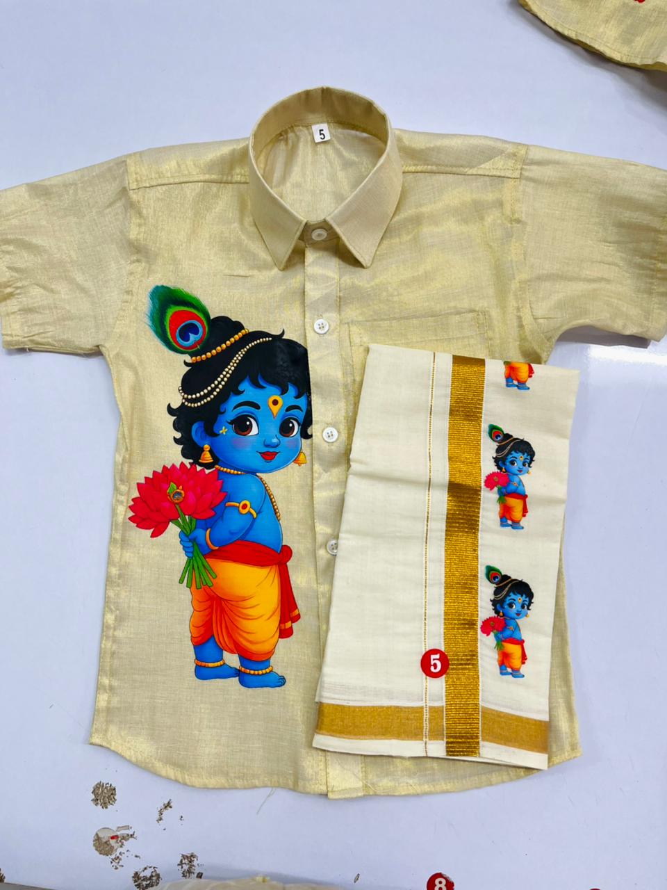 Golden tissue shirt with little standing krishna design SHIRT AND MUNDU COMBO