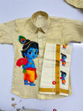 Golden tissue shirt with little standing krishna design SHIRT AND MUNDU COMBO