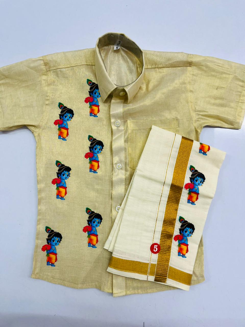 Golden tissue shirt with little krishna print SHIRT AND MUNDU COMBO