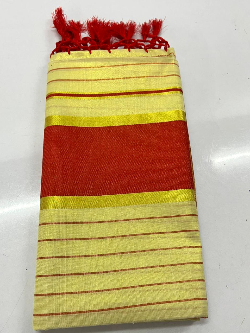 Tissue saree with orange strips design border light orange