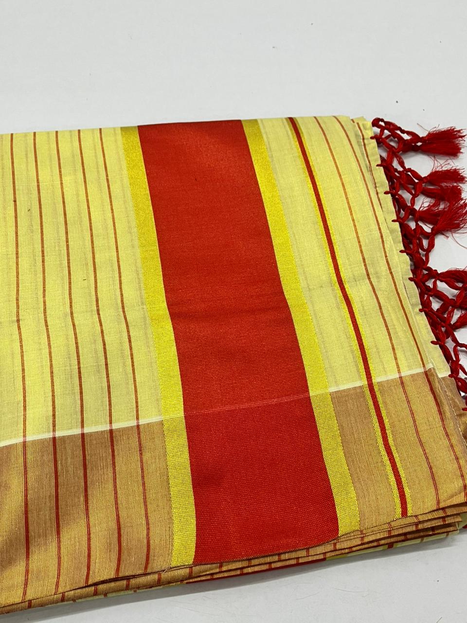 Tissue saree with orange strips design border light orange