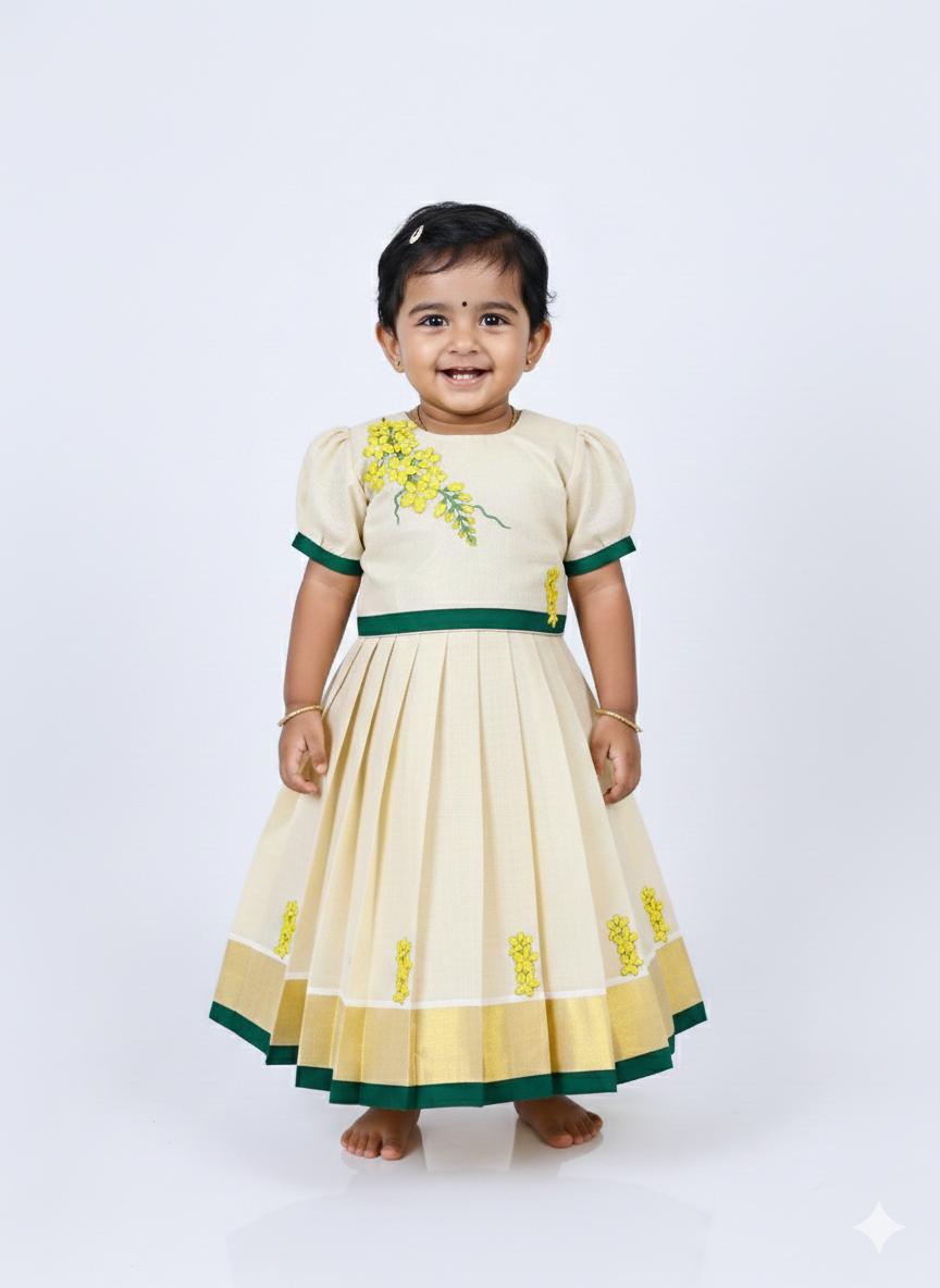 Traditional Tissue pattupavada with KANIKONNA flower design TOP AND SKIRT