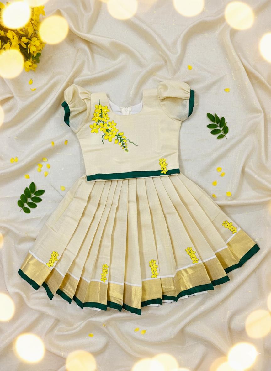 Traditional Tissue pattupavada with KANIKONNA flower design TOP AND SKIRT