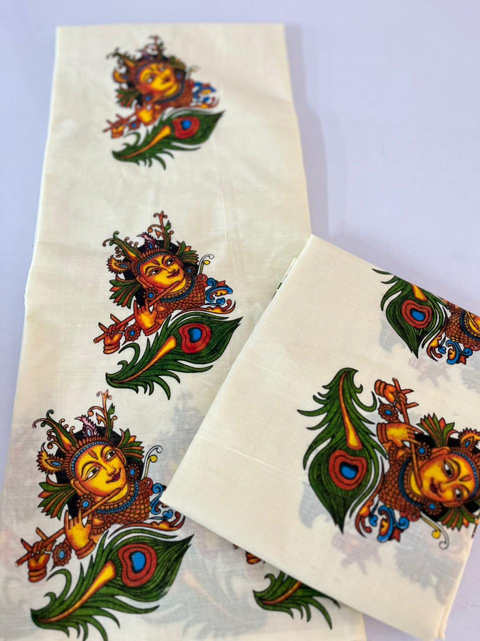 Cotton setmundu white with peelikrishnar design