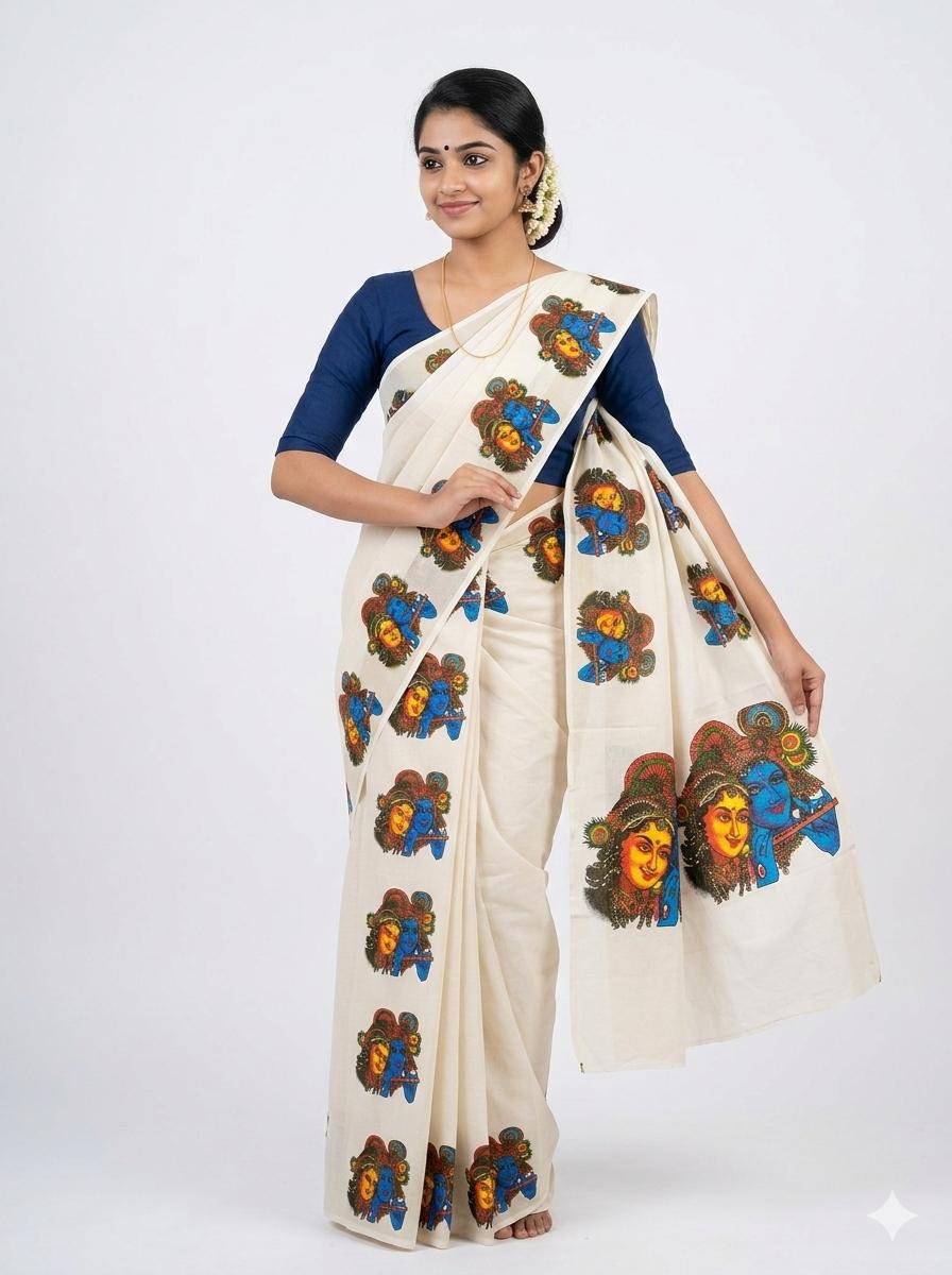 COotton setmundu white with radha krishnar design 2.80mtr