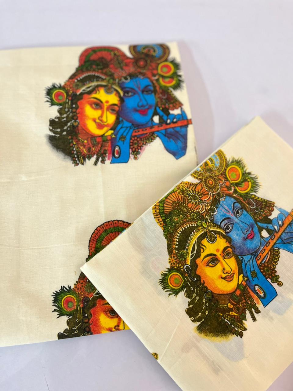 COotton setmundu white with radha krishnar design 2.80mtr