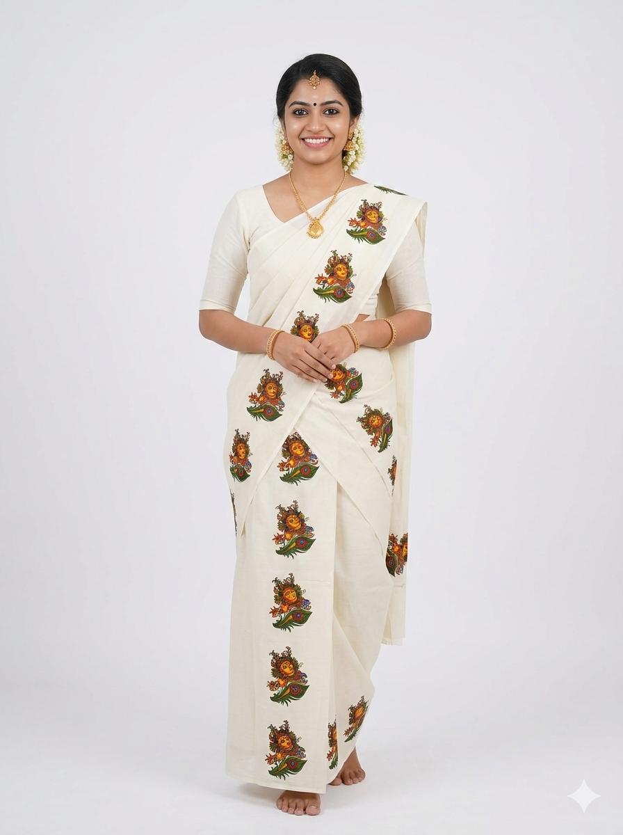 Cotton setmundu white with peelikrishnar design