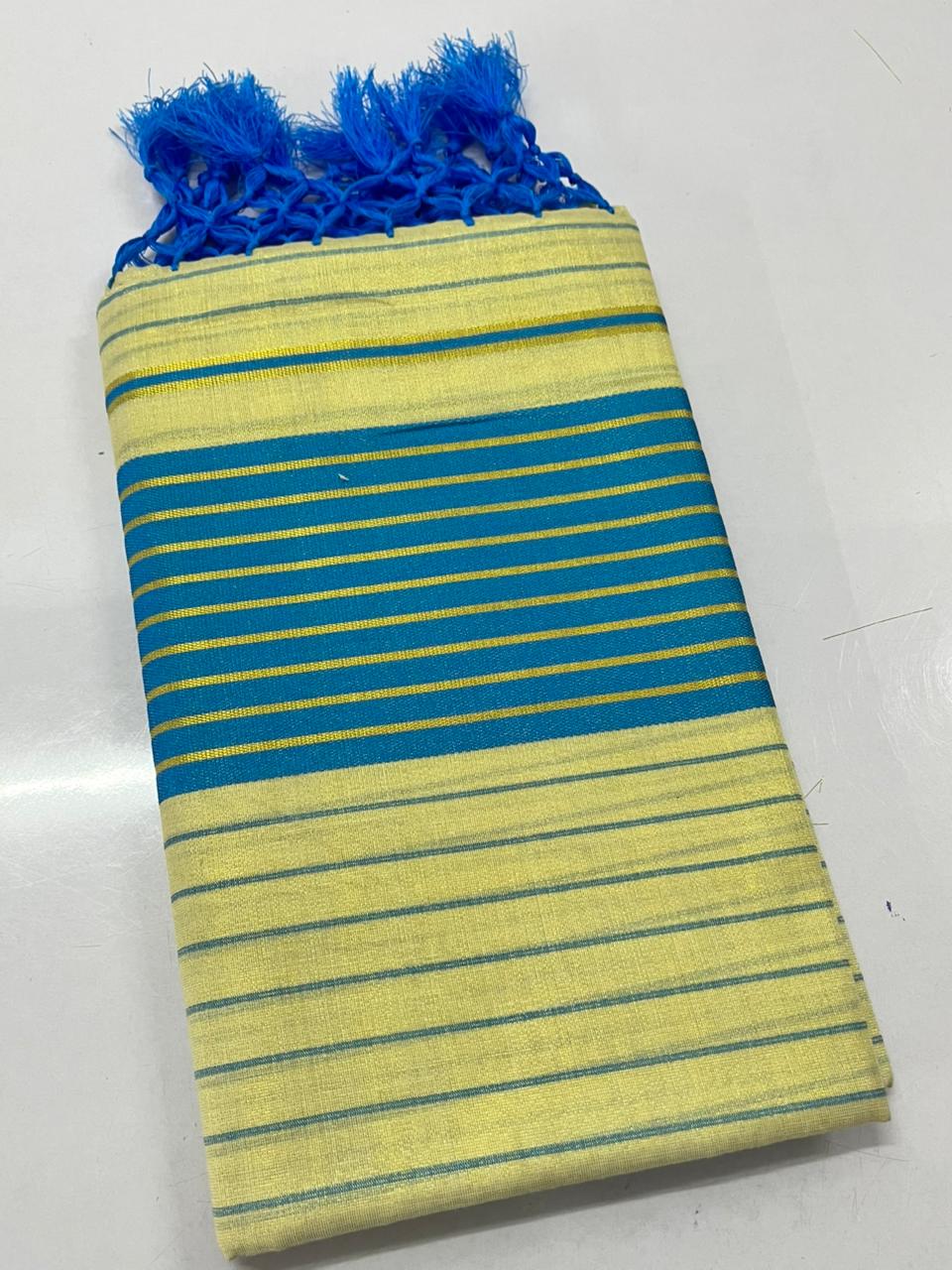 Tissue saree with skyblue colour strips pallu and border light blue