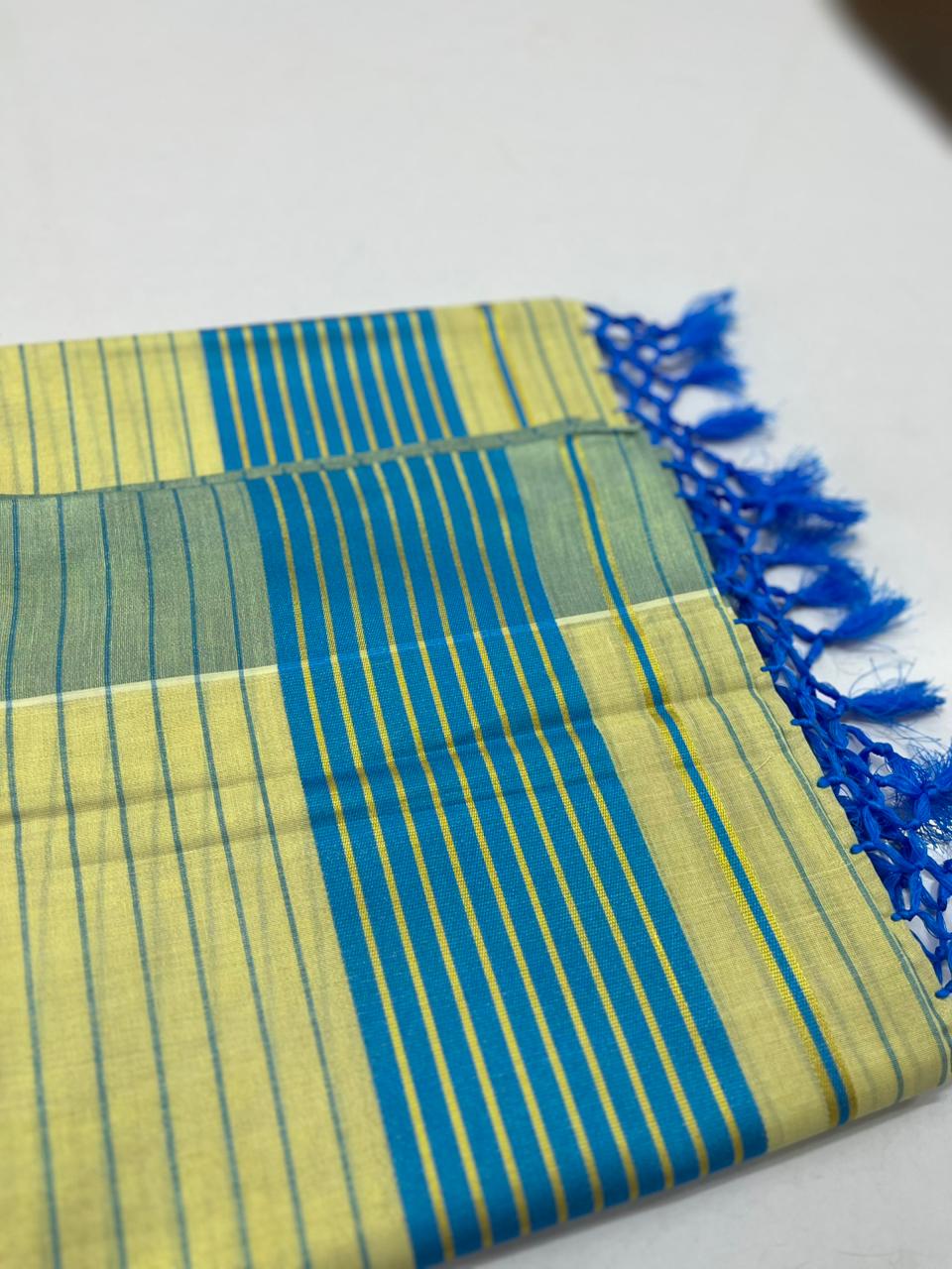 Tissue saree with skyblue colour strips pallu and border light blue