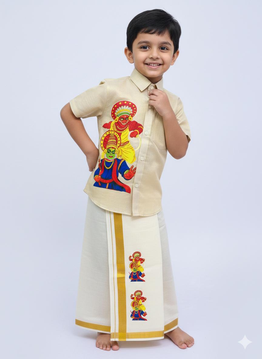 Golden tissue shirt with kathakali 2 half and half design SHIRT AND MUNDU COMBO