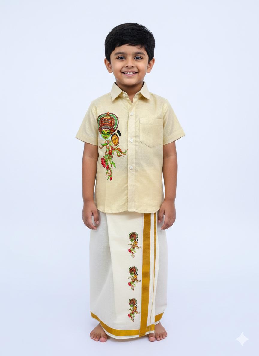 Golden tissue shirt with kathakali pair design SHIRT AND MUNDU COMBO