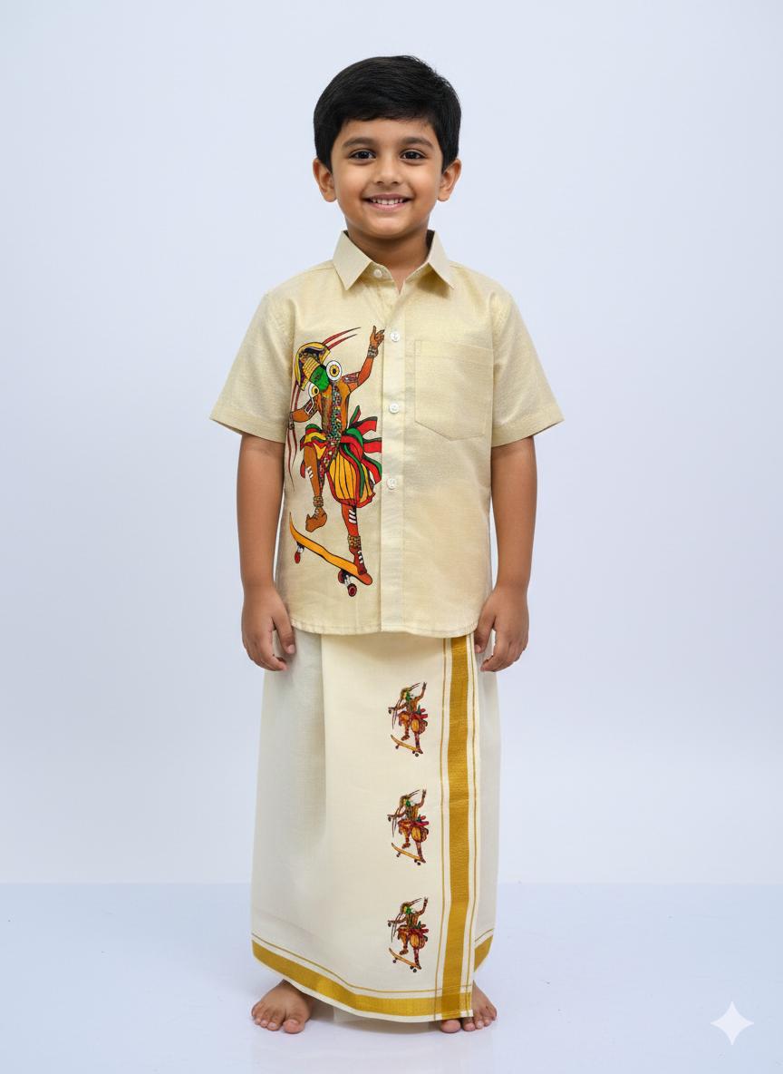 Golden tissue shirt with skating kathakali modern design SHIRT AND MUNDU COMBO