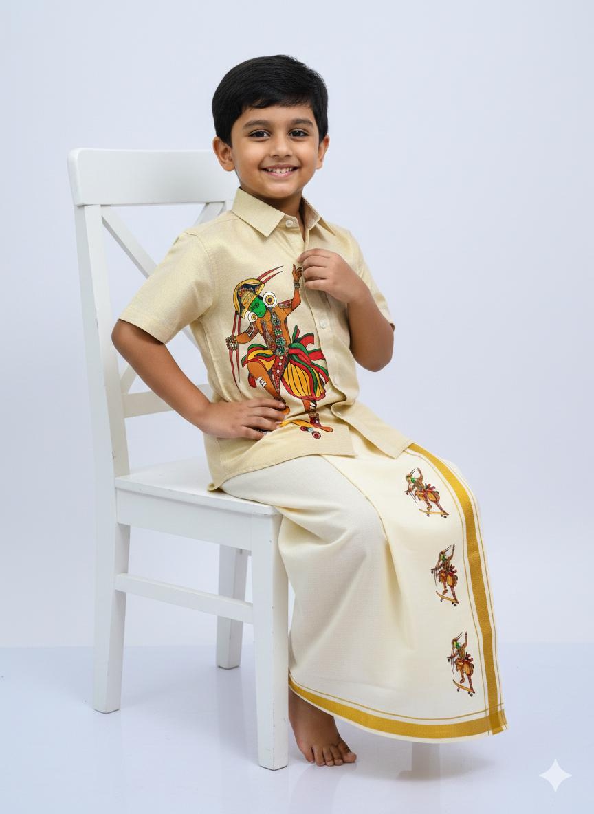 Golden tissue shirt with skating kathakali modern design SHIRT AND MUNDU COMBO