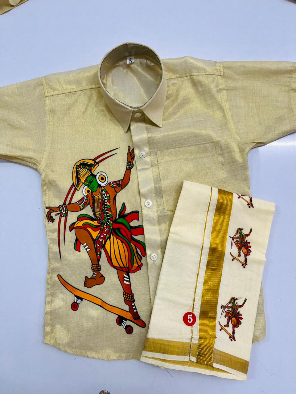 Golden tissue shirt with skating kathakali modern design SHIRT AND MUNDU COMBO