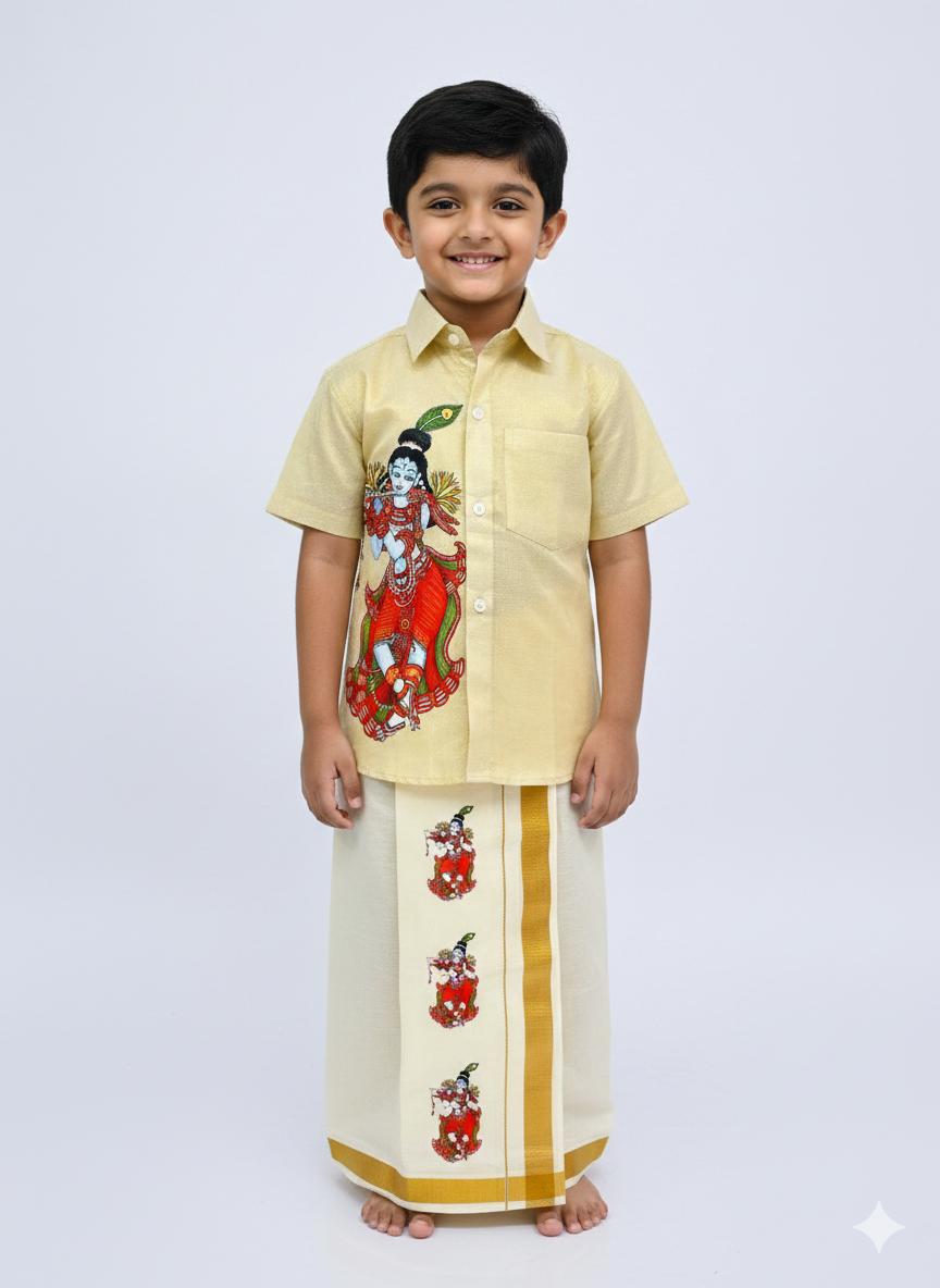 Golden tissue shirt with odakuzhal standing krishna design SHIRT AND MUNDU COMBO