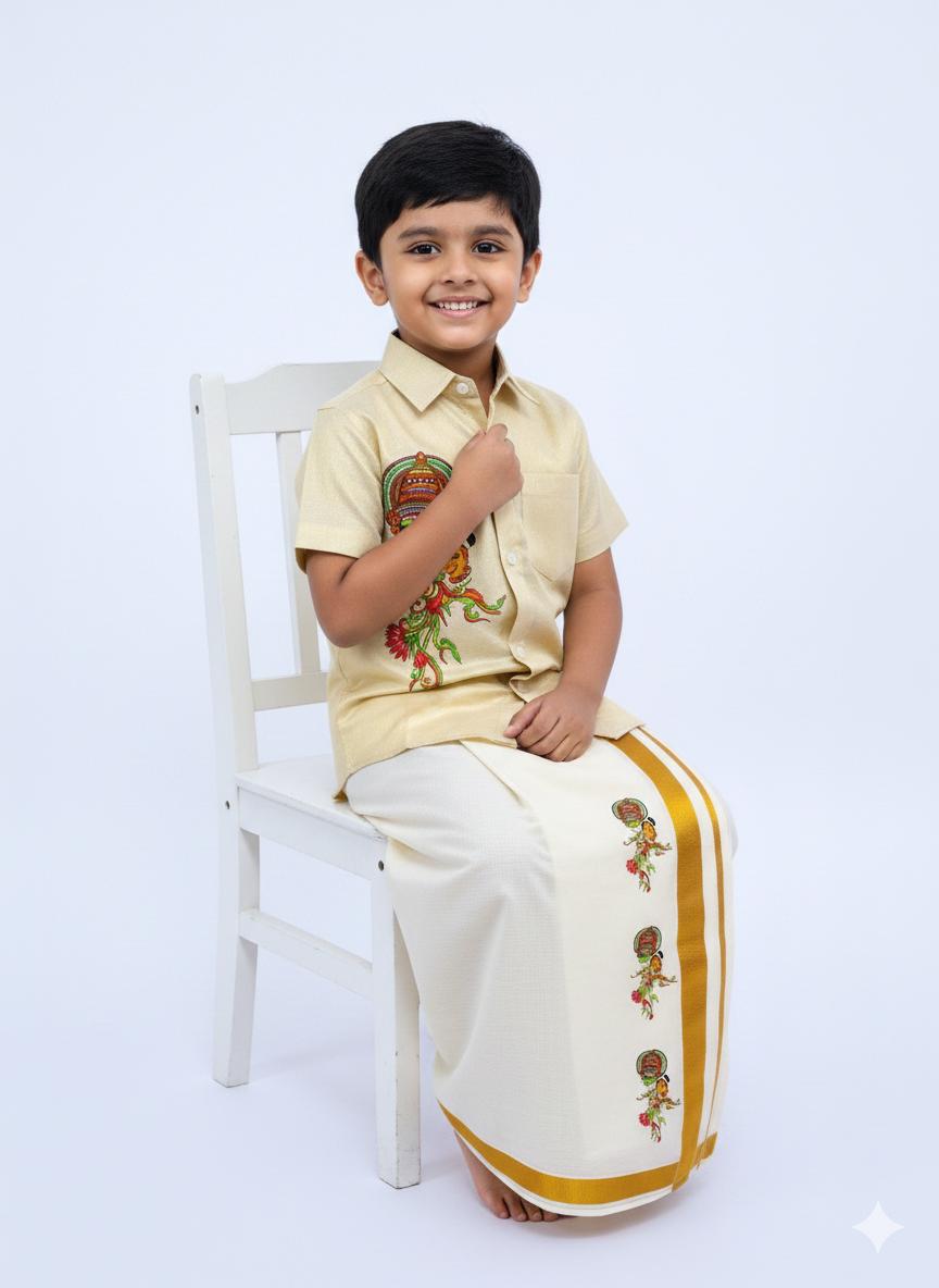 Golden tissue shirt with kathakali pair design SHIRT AND MUNDU COMBO