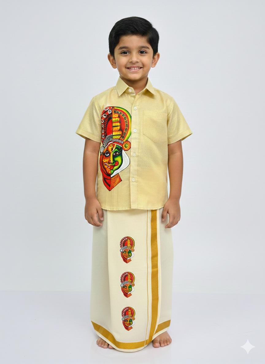 Golden tissue with big kathakali theyyam half and half design SHIRT AND MUNDU COMBO