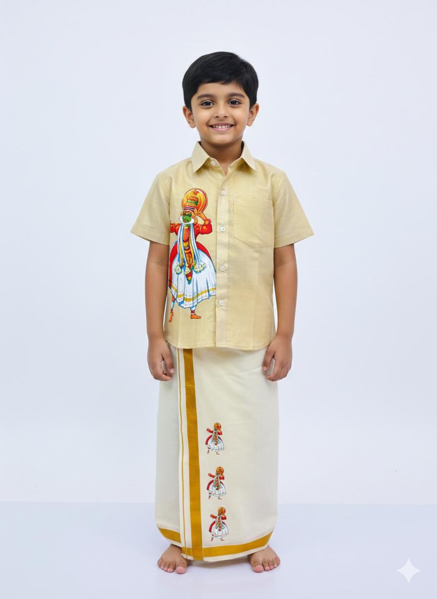 Golden tissue shirt with kathakali design SHIRT AND MUNDU COMBO