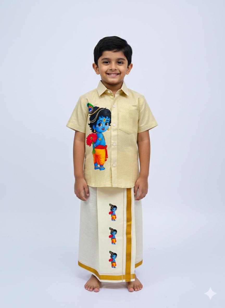 Golden tissue shirt with little standing krishna design SHIRT AND MUNDU COMBO