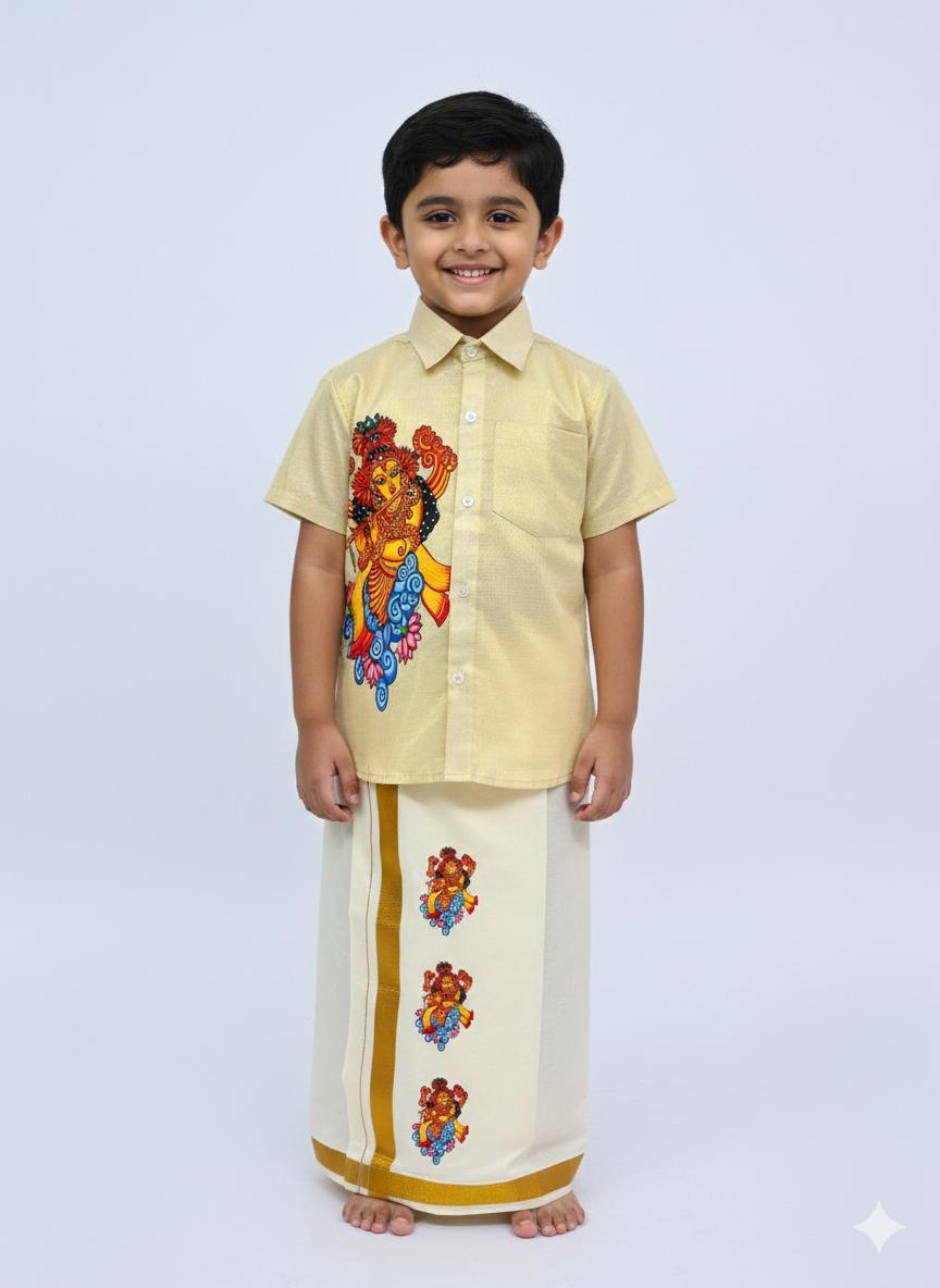 Golden tissue shirt with krishnar design SHIRT AND MUNDU COMBO
