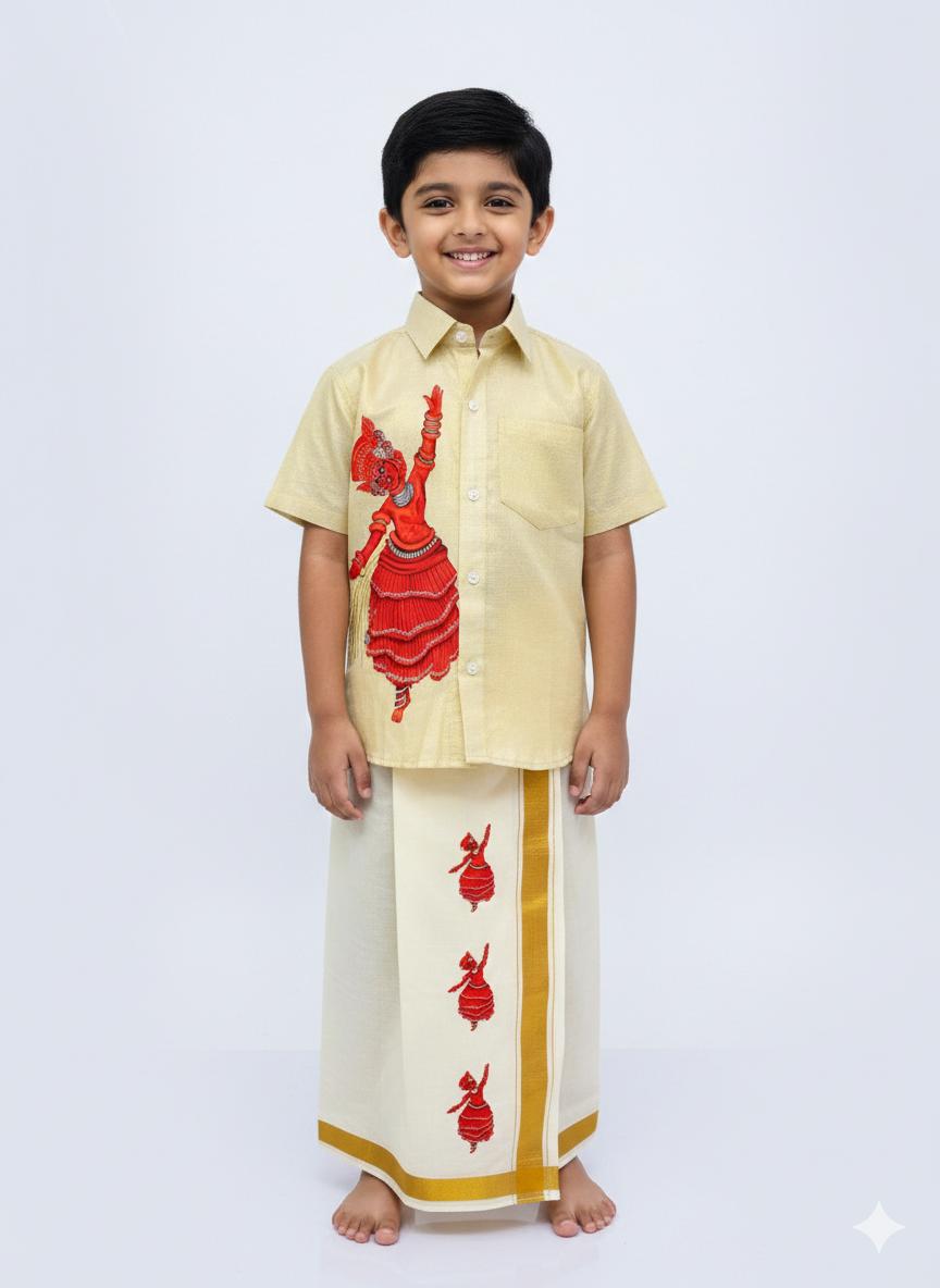 Golden tissue shirt with Theyyam design SHIRT AND MUNDU COMBO