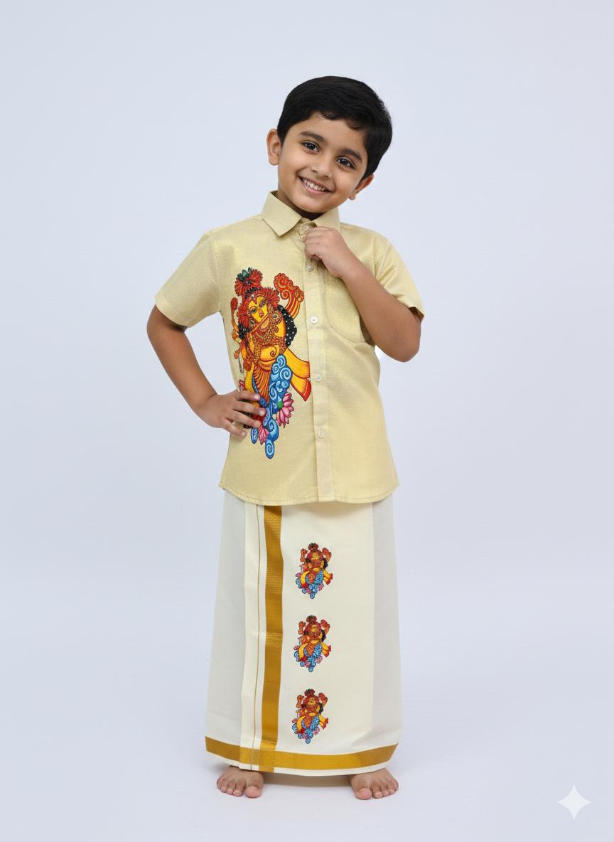 Golden tissue shirt with krishnar design SHIRT AND MUNDU COMBO