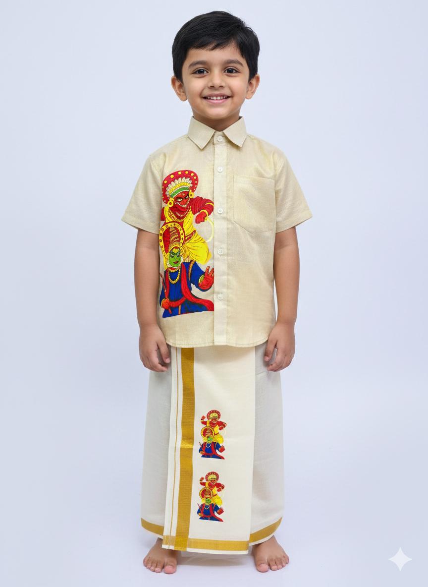 Golden tissue shirt with kathakali 2 half and half design SHIRT AND MUNDU COMBO