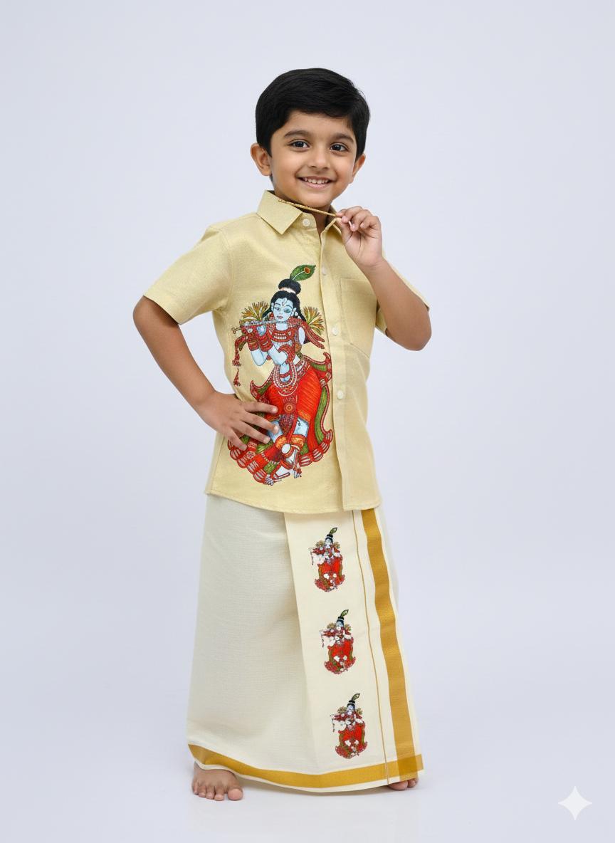 Golden tissue shirt with odakuzhal standing krishna design SHIRT AND MUNDU COMBO