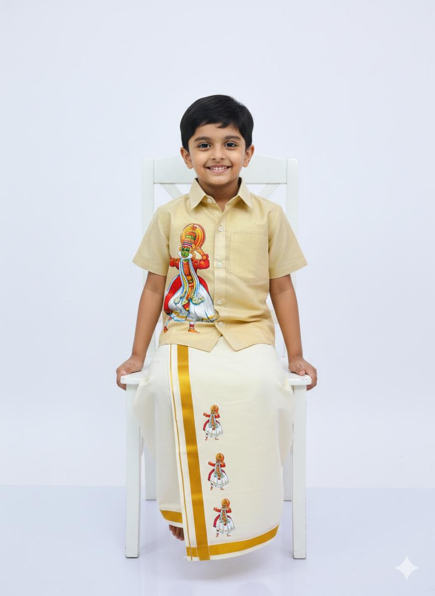 Golden tissue shirt with kathakali design SHIRT AND MUNDU COMBO