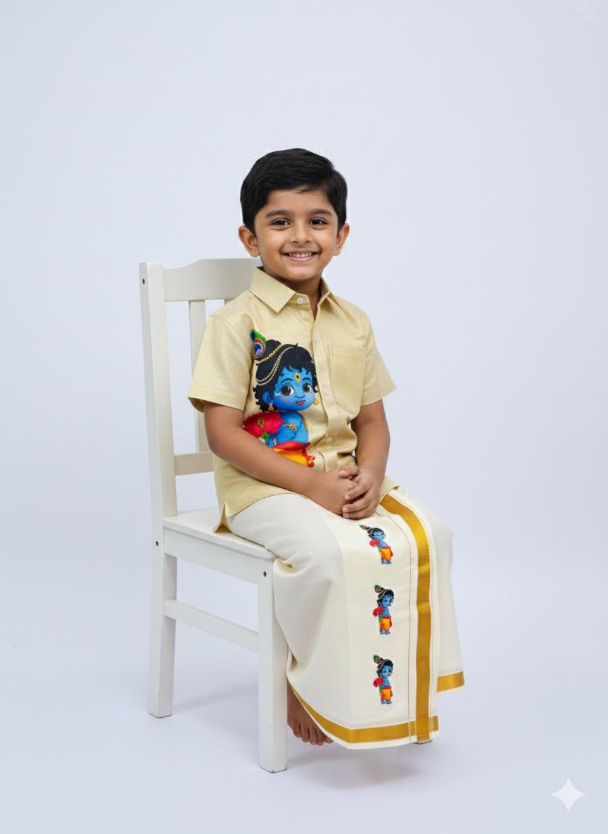 Golden tissue shirt with little standing krishna design SHIRT AND MUNDU COMBO