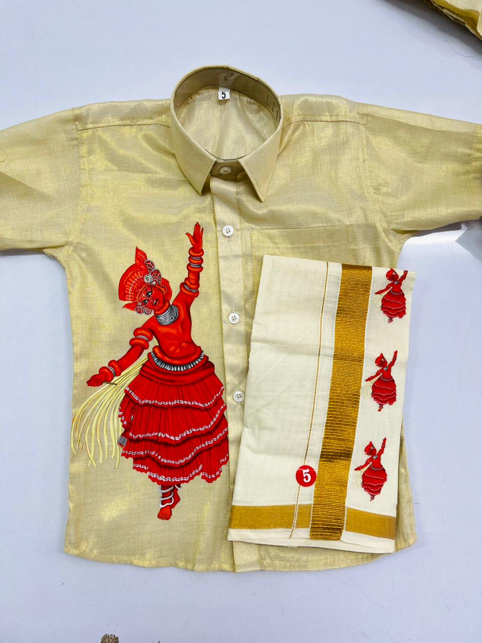 Golden tissue shirt with Theyyam design SHIRT AND MUNDU COMBO