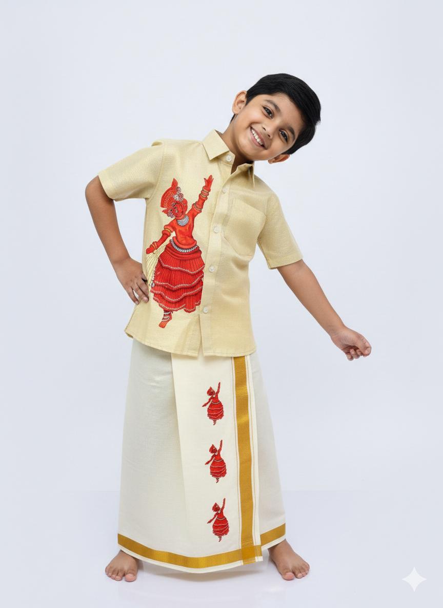 Golden tissue shirt with Theyyam design SHIRT AND MUNDU COMBO