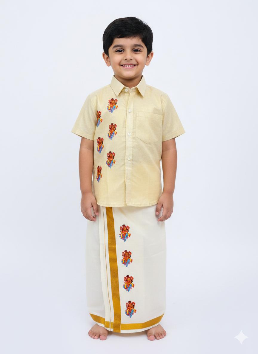 Golden tissue shirt with flute krishnar design SHIRT AND MUNDU COMBO