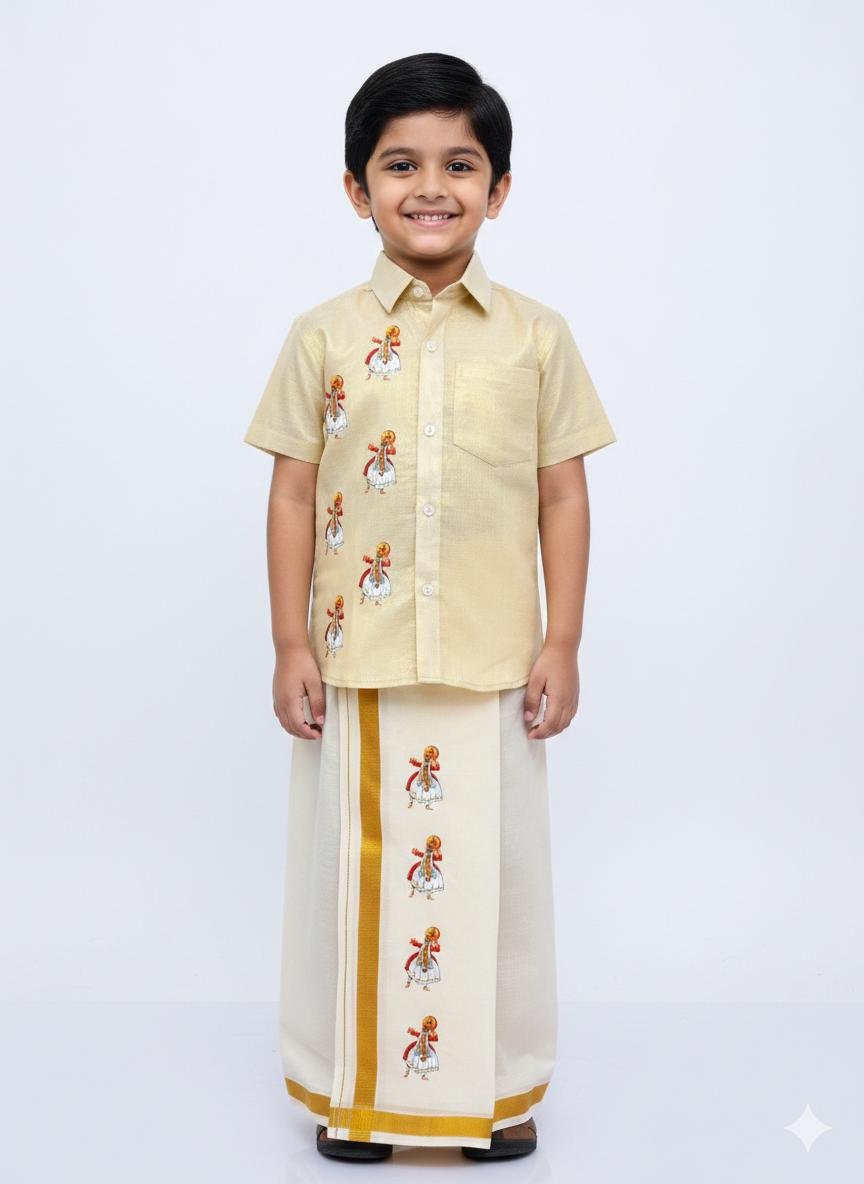 Golden tissue with kathakali design SHIRT AND DHOTHIE COMBO